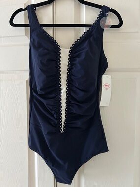 Anita Navy Plunge One-Piece Swimsuit with Scalloped Trim